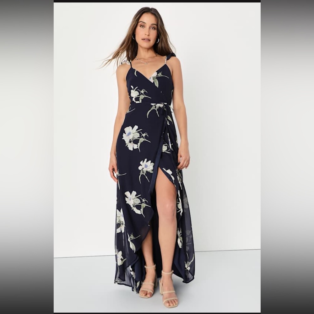Lulu’s All Mine Navy Blue Floral High-Low Wrap Dress